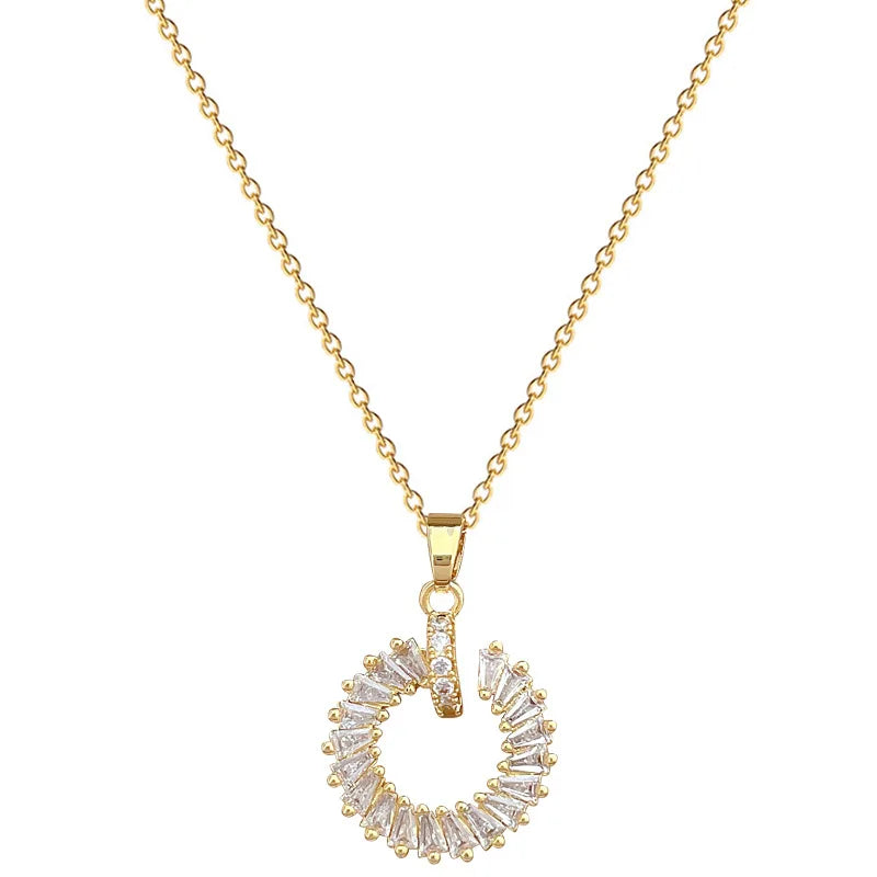 Modern Gold-Plated Sparkling Diamond Circular Ring Pendant Necklace
