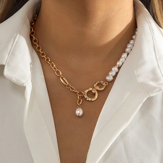 Retro Gold Necklace Chain - Half Pearl Half Chain Necklace