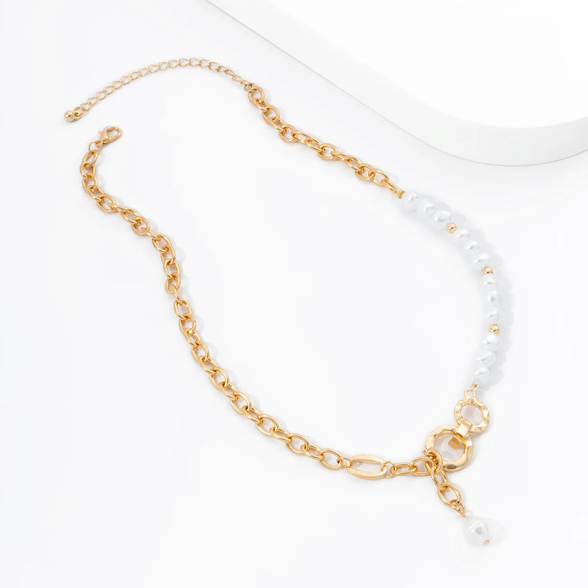 Retro Gold Necklace Chain - Half Pearl Half Chain Necklace