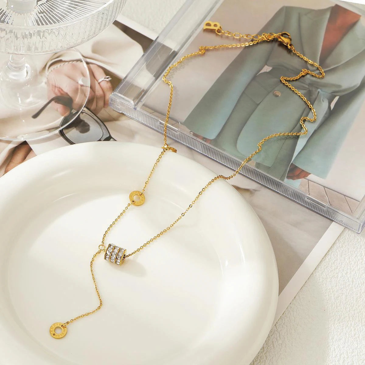 Asymmetrical Elegance Side Pendant Necklace. Luxury Women Fashion Modern Necklace with Side Loose Pendent.