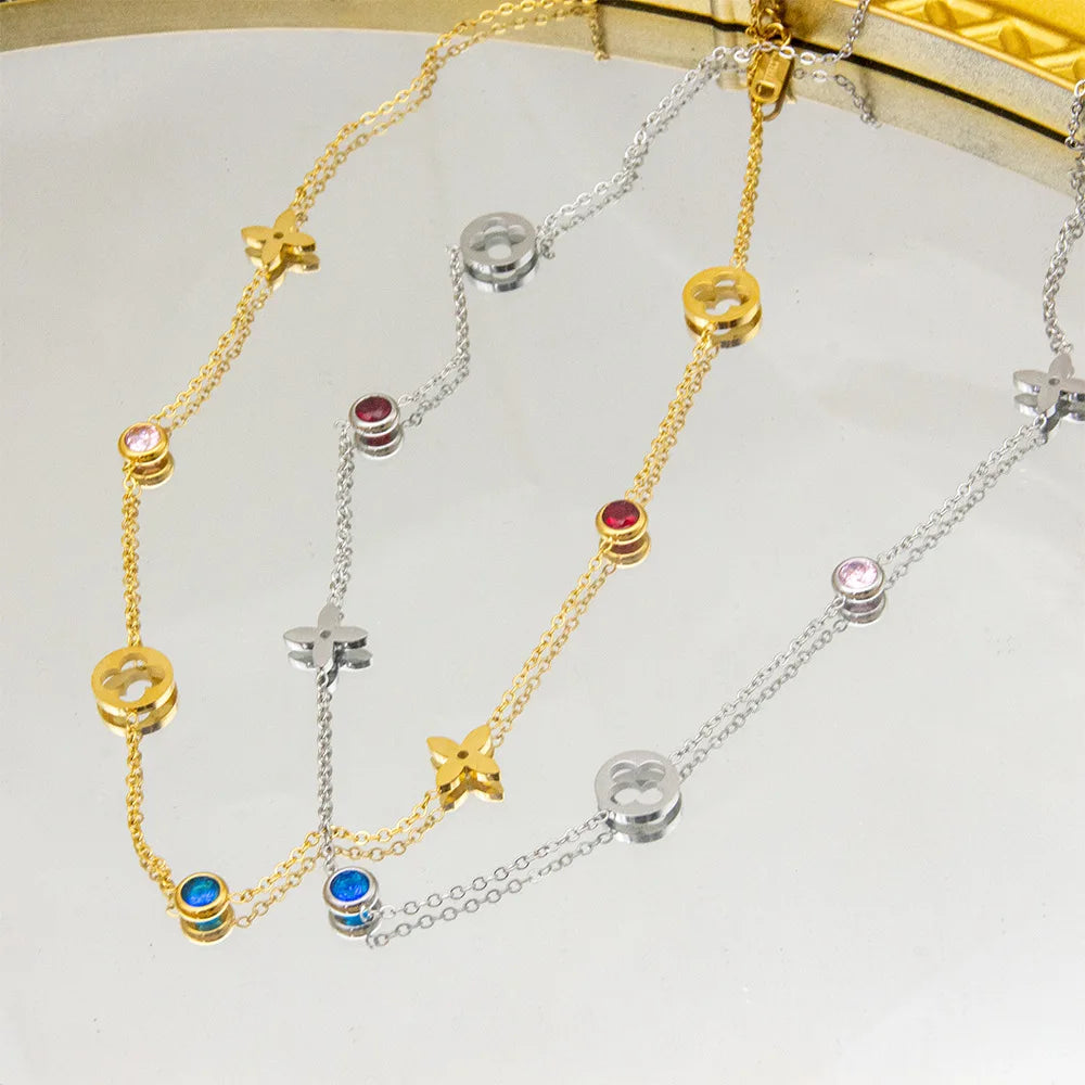 Colorful Stones Four Leaf Flower Luxury Necklace