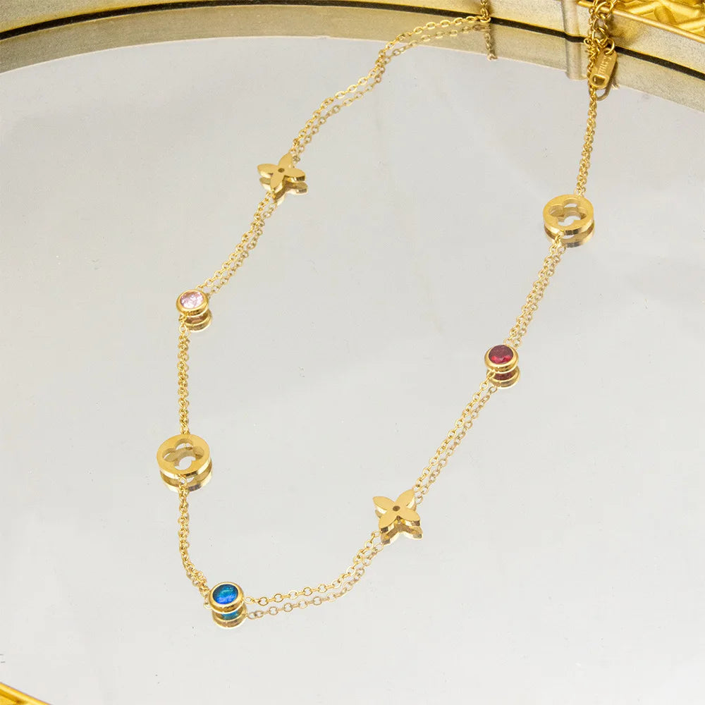 Colorful Stones Four Leaf Flower Luxury Necklace